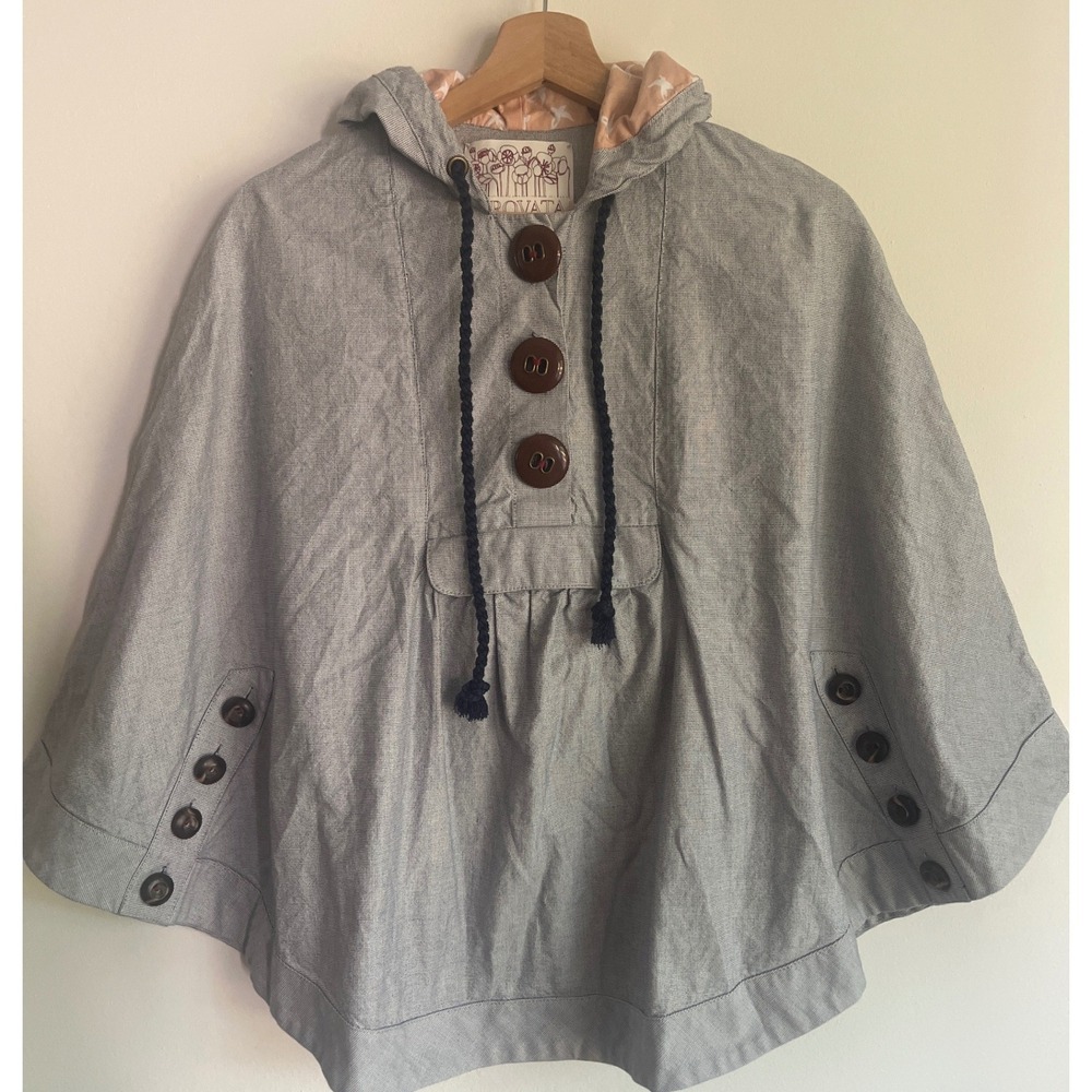Trovata Hooded Poncho Cotton Size Small Gray Blue Festival Travel Casual